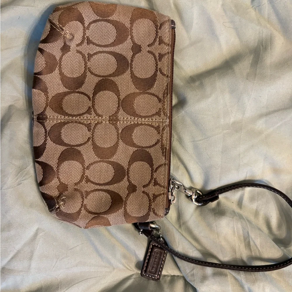 Coach Brown Signature Canvas Wristlet with Dark Brown Trim - Picture 2 of 4